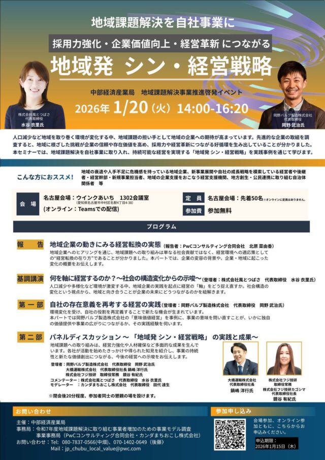 中部経済産業局主催の「地域発 シン・経営戦略」に当社田代がモデレーターとして登壇します | プレスリリース